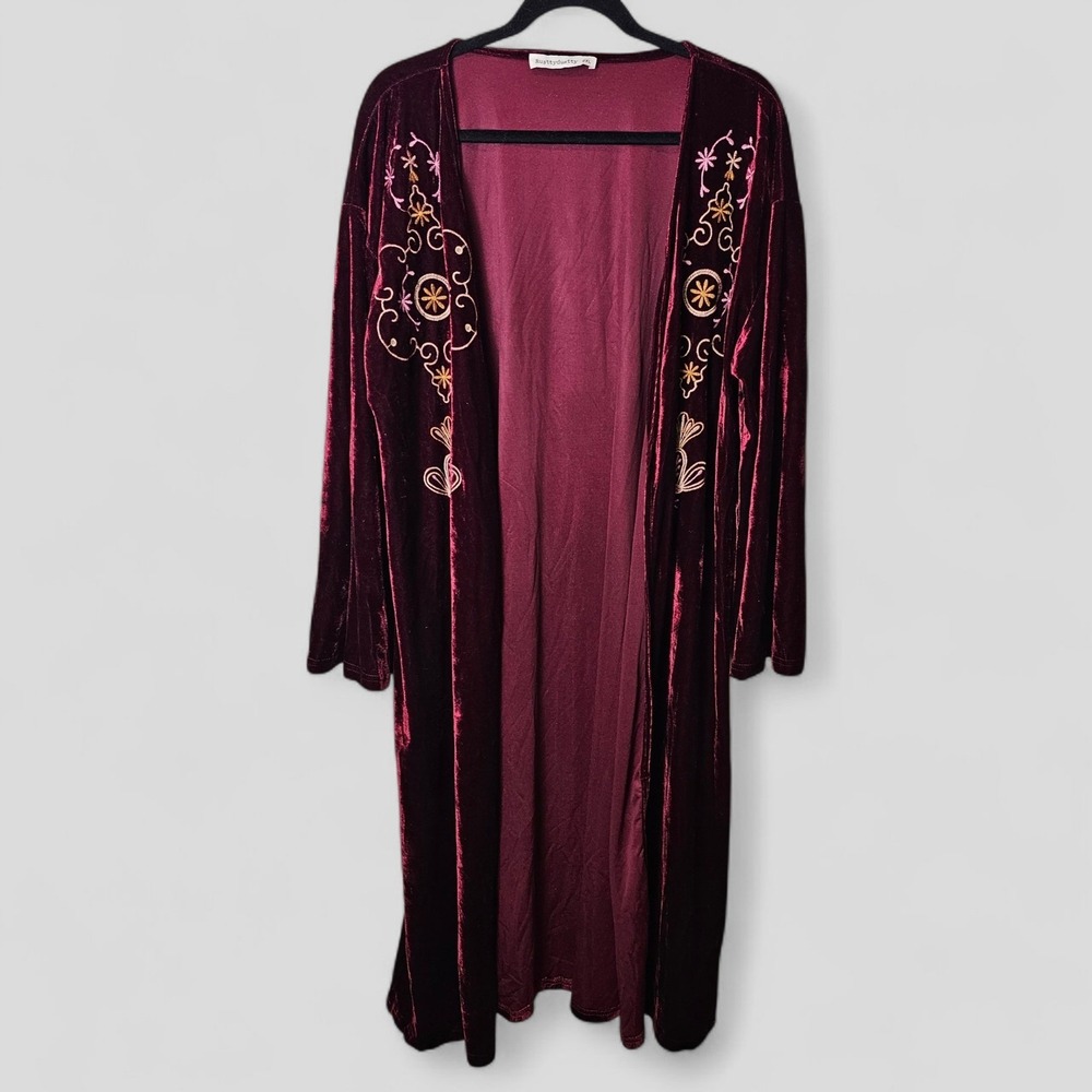 Rusty Dustty Velvet Kimono Robe Jacket Duster Embroidered Burgundy XL Witchy